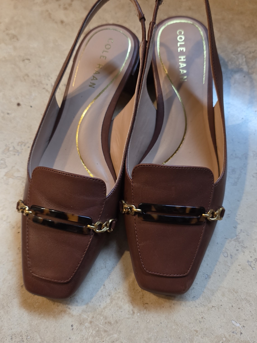 Cole Haan Brown Leather Slingback Loafers with Tortoiseshell Bar